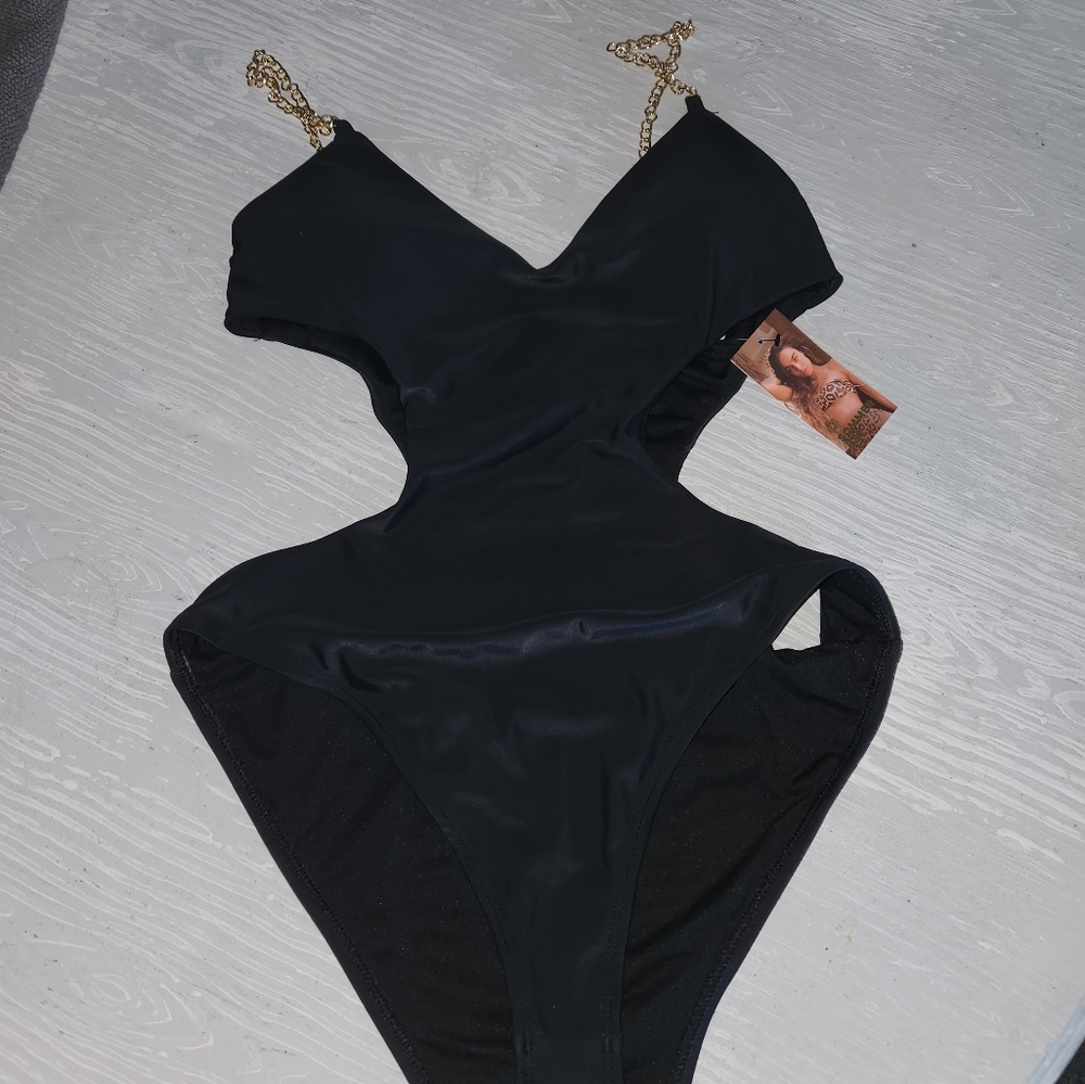 Black One-Piece Cutout Swimsuit with Chain Straps